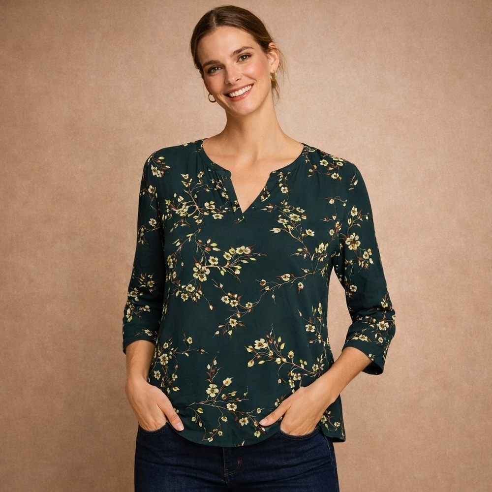 DR2 Dark Green Floral Blouse Boho Botanical Lightweight Long Sleeve Top